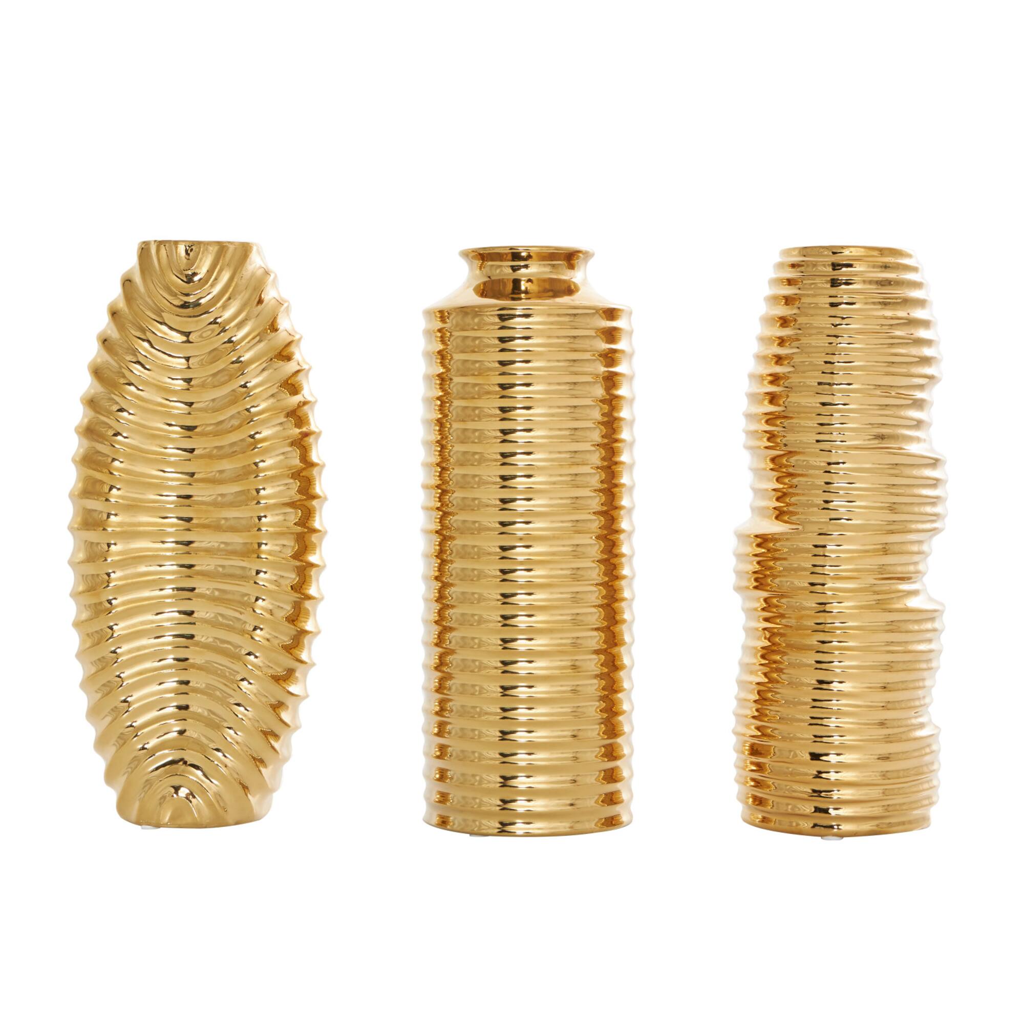 Gold Ceramic Dimensional Ribbed Vase Set